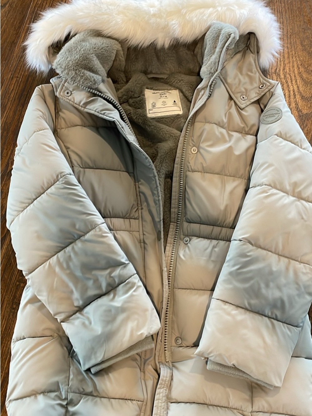 abercrombie kids Light Green Hooded Puffer Coat with Faux-Fur Trim